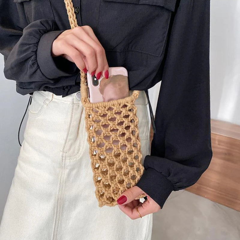 Moda feminina pequena crossbody saco de telefone cor sólida oco-para fora tecido crochê leve trançado bolsa de ombro crossbody sacos