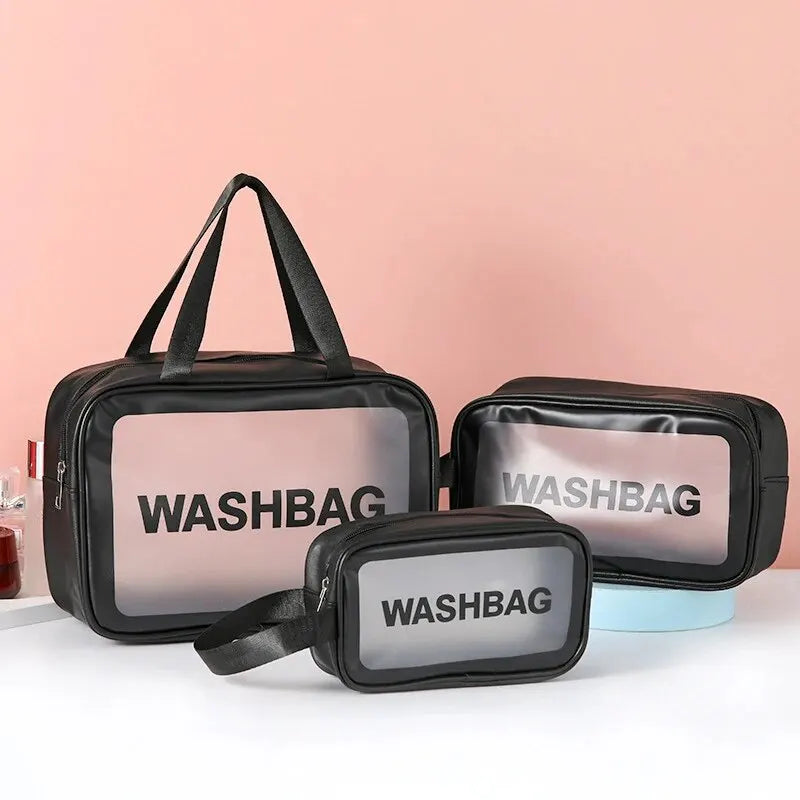 Bolsa transparente de três peças para maquiagem e produtos de higiene pessoal, bolsa de armazenamento portátil fosca semitransparente de pvc de grande capacidade