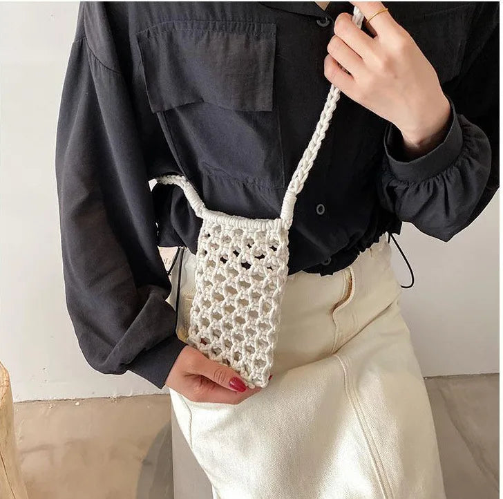 Moda feminina pequena crossbody saco de telefone cor sólida oco-para fora tecido crochê leve trançado bolsa de ombro crossbody sacos