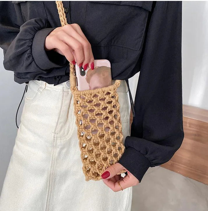 Moda feminina pequena crossbody saco de telefone cor sólida oco-para fora tecido crochê leve trançado bolsa de ombro crossbody sacos