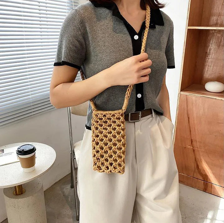 Moda feminina pequena crossbody saco de telefone cor sólida oco-para fora tecido crochê leve trançado bolsa de ombro crossbody sacos