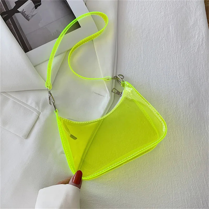 Bolsa de ombro de gelatina transparente para mulheres, bolsas pequenas com zíper nas axilas Y2K e bolsa da moda