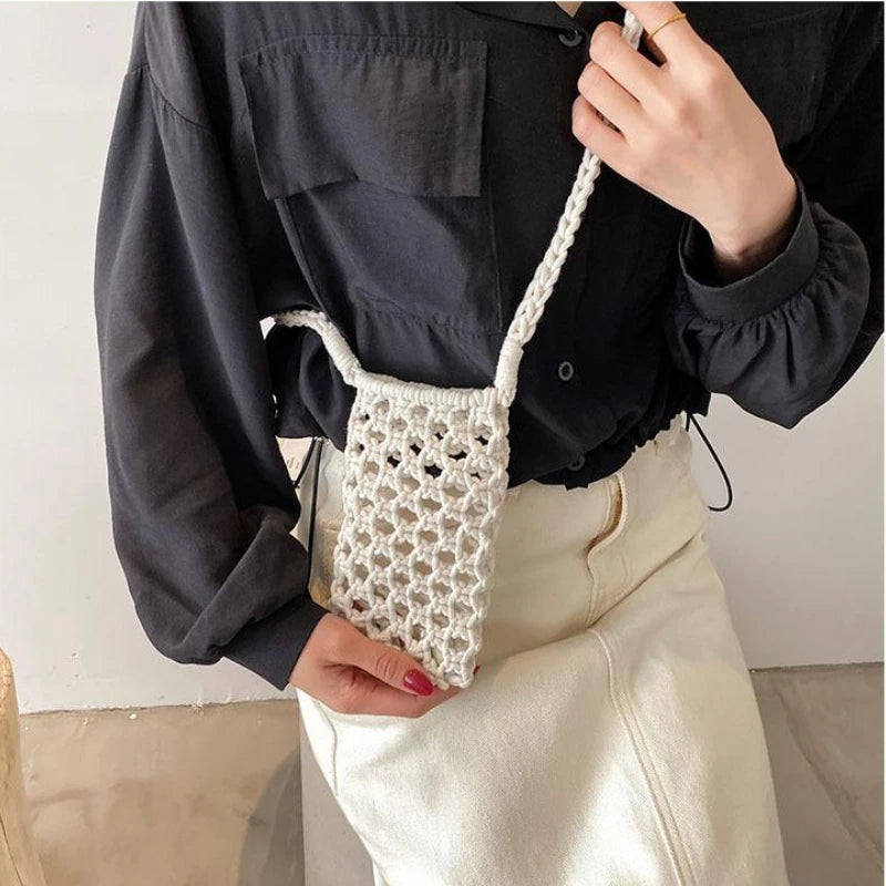 Moda feminina pequena crossbody saco de telefone cor sólida oco-para fora tecido crochê leve trançado bolsa de ombro crossbody sacos