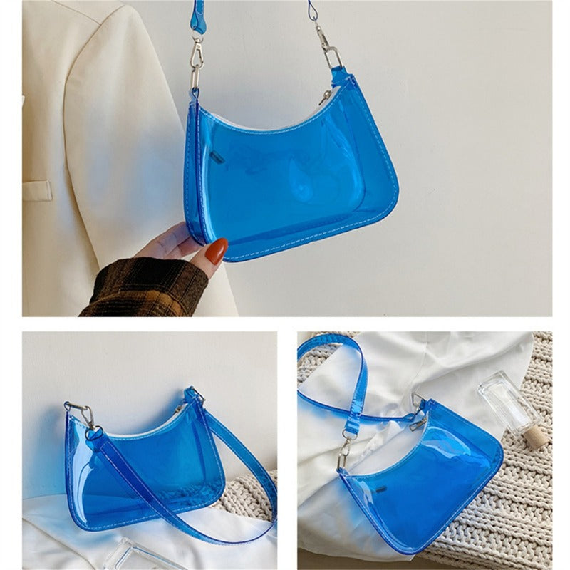Bolsa de ombro de gelatina transparente para mulheres, bolsas pequenas com zíper nas axilas Y2K e bolsa da moda