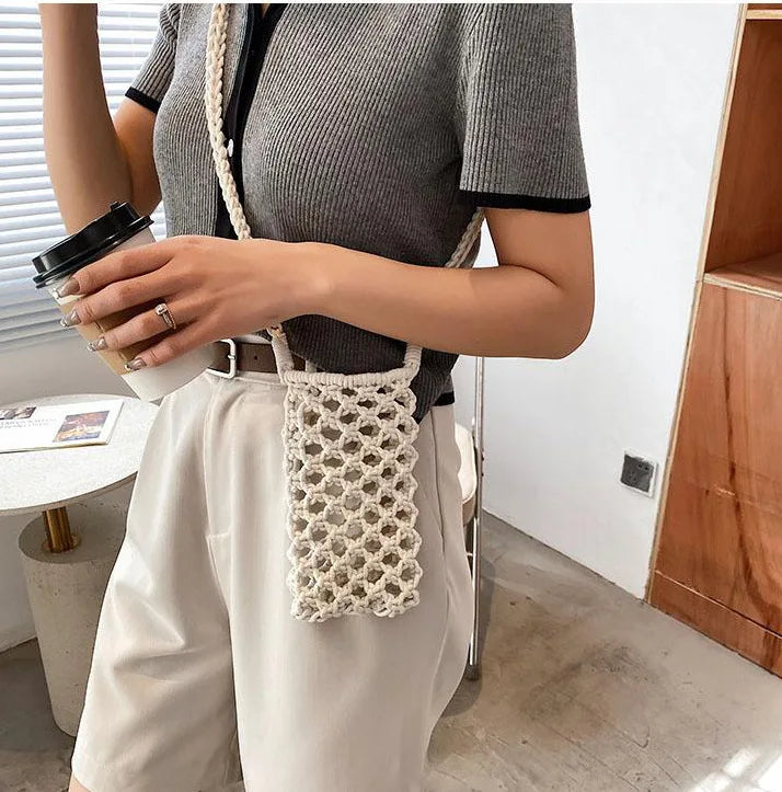 Moda feminina pequena crossbody saco de telefone cor sólida oco-para fora tecido crochê leve trançado bolsa de ombro crossbody sacos