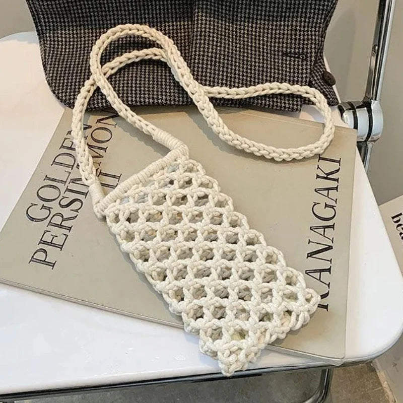 Moda feminina pequena crossbody saco de telefone cor sólida oco-para fora tecido crochê leve trançado bolsa de ombro crossbody sacos