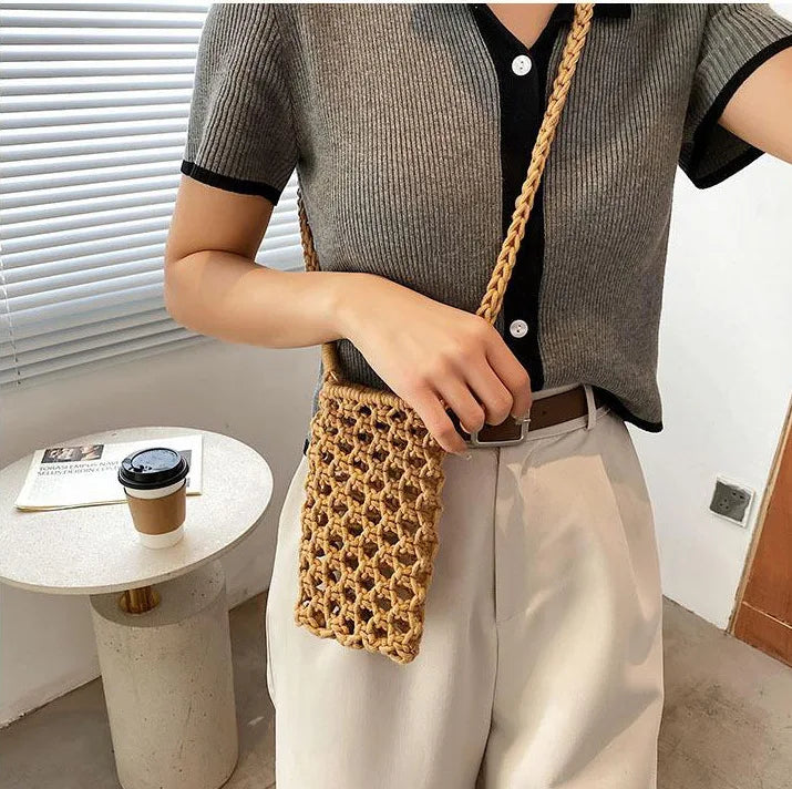 Moda feminina pequena crossbody saco de telefone cor sólida oco-para fora tecido crochê leve trançado bolsa de ombro crossbody sacos