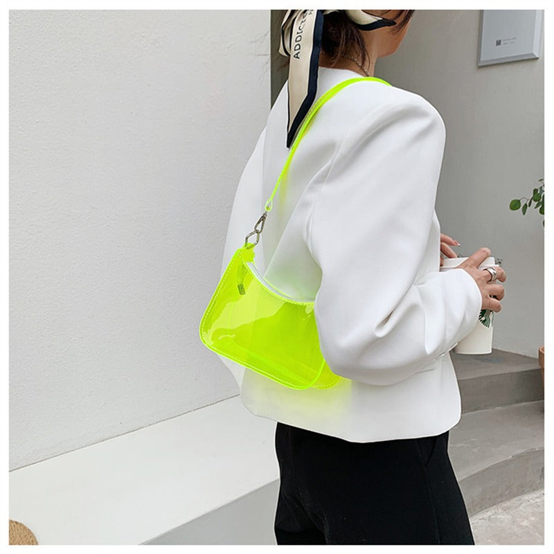 Bolsa de ombro de gelatina transparente para mulheres, bolsas pequenas com zíper nas axilas Y2K e bolsa da moda