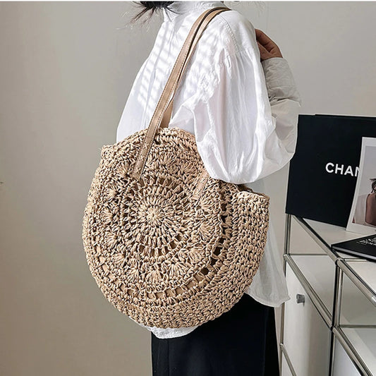 Verão redondo palha feminina férias tecido praia bolsa de ombro grande capacidade oco para fora simples sacola