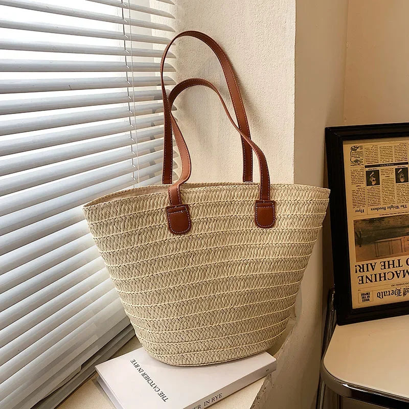 Bolsa de ombro feminina grande capacidade verão palha tecido cesta bolsa moda feminina designer luxo saco praia bali shopper tote
