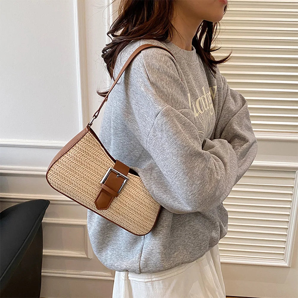 Bolsa feminina de palha tecida moda bolsa de ombro de tecelagem de grande capacidade bolsa de palha tecida à mão bolsa de praia de verão