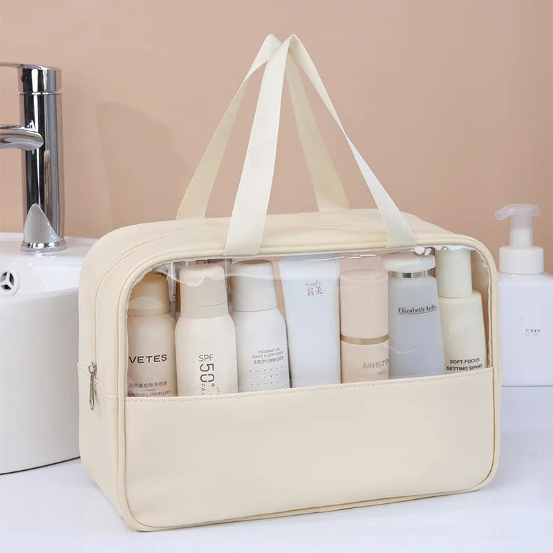 Bolsa cosmética de viagem portátil feminina, bolsa de maquiagem transparente de grande capacidade para banho, multifuncional, à prova d'água, estojo de armazenamento