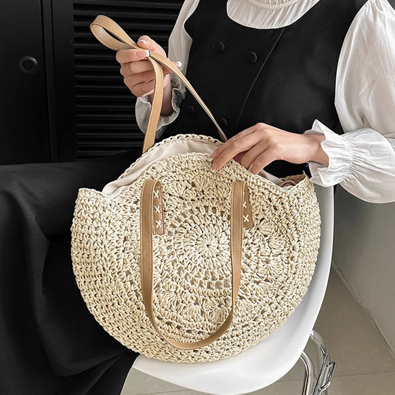 Verão redondo palha feminina férias tecido praia bolsa de ombro grande capacidade oco para fora simples sacola