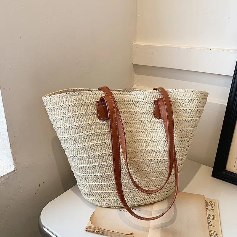Bolsa de ombro feminina grande capacidade verão palha tecido cesta bolsa moda feminina designer luxo saco praia bali shopper tote