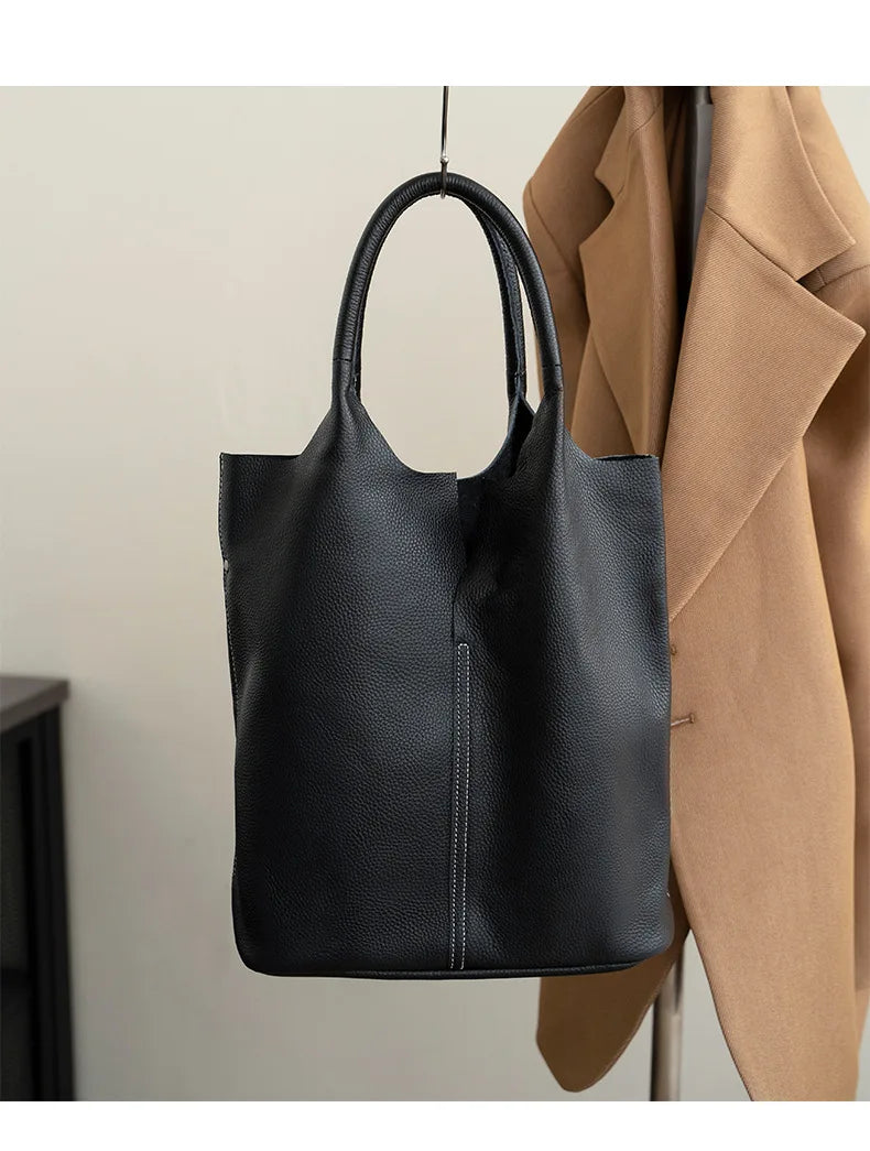 Couro genuíno commuter sacola simples senhoras macio tote bolsa de ombro grande capacidade bolsa balde feminina 2025 novo