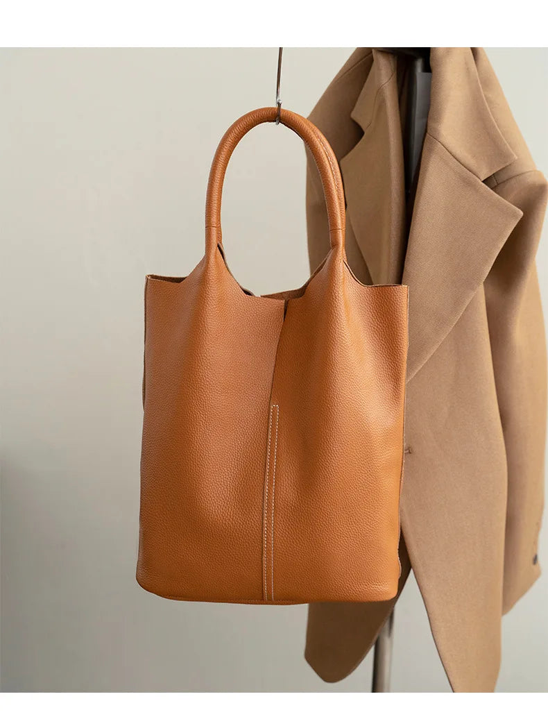 Couro genuíno commuter sacola simples senhoras macio tote bolsa de ombro grande capacidade bolsa balde feminina 2025 novo