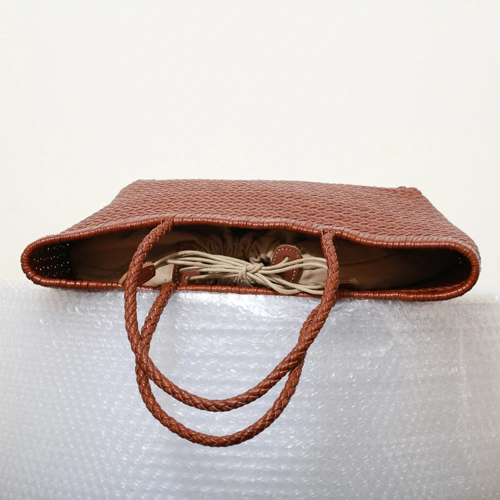 Bolsas femininas de couro genuíno bolsa de ombro tecelagem casual saco de compras vintage grande tote bolsa de mão cruz senhora