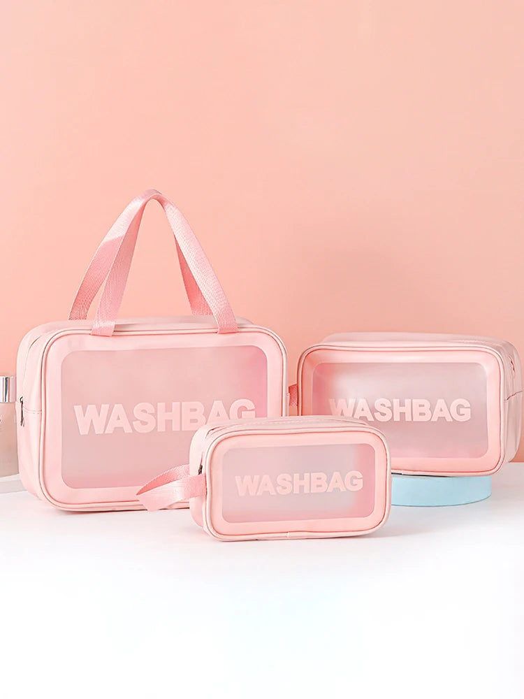 Bolsa transparente de três peças para maquiagem e produtos de higiene pessoal, bolsa de armazenamento portátil fosca semitransparente de pvc de grande capacidade