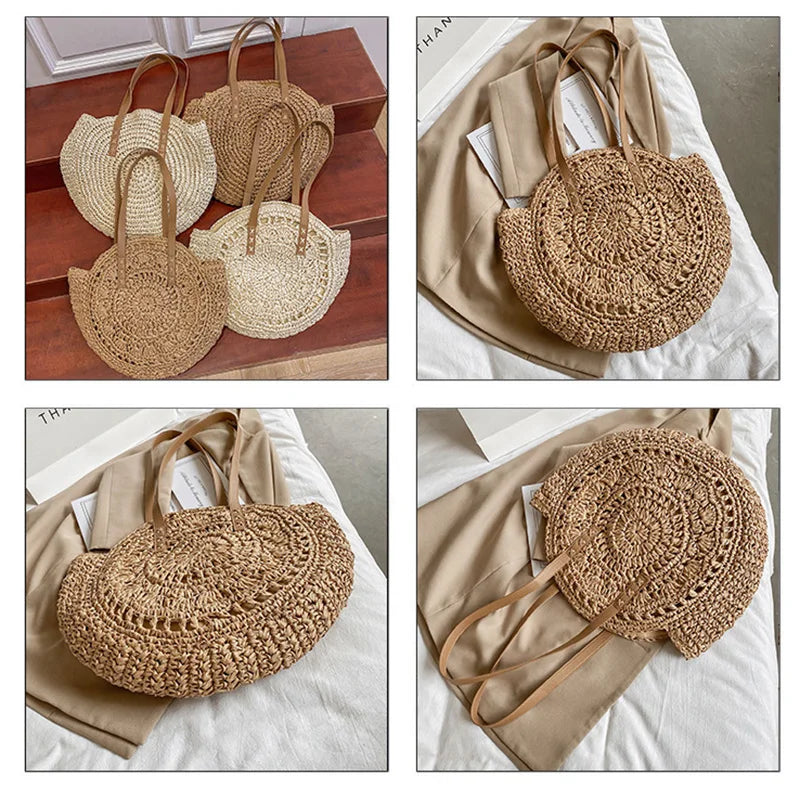 Verão redondo palha feminina férias tecido praia bolsa de ombro grande capacidade oco para fora simples sacola