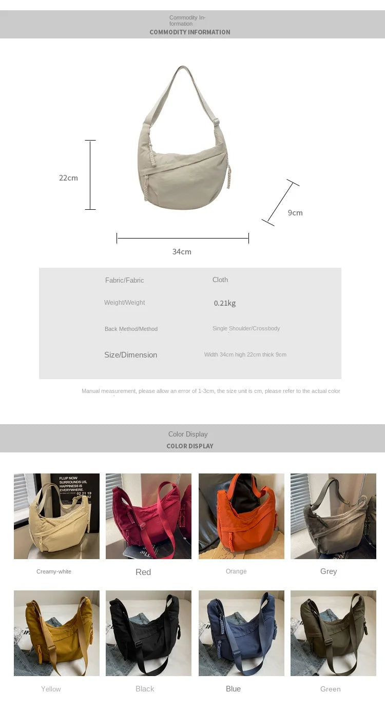 Bolsa de ombro de tecido de náilon nova alta capacidade feminina crossbody saco do mensageiro lazer versátil ombro hobos saco