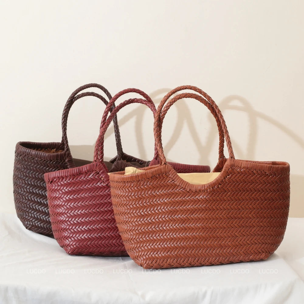 Bolsas femininas de couro genuíno bolsa de ombro tecelagem casual saco de compras vintage grande tote bolsa de mão cruz senhora
