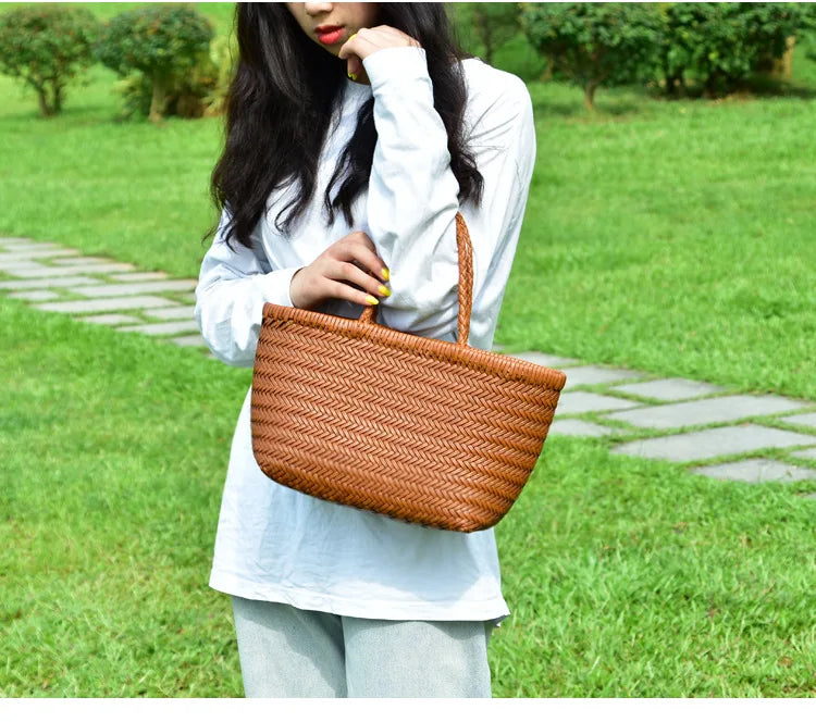 Bolsas femininas de couro genuíno bolsa de ombro tecelagem casual saco de compras vintage grande tote bolsa de mão cruz senhora