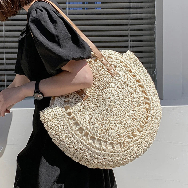 Sacos de palha redondos de verão para mulheres rattan bolsa de ombro viagem artesanal tecido praia bolsas femininas grande capacidade totes saco