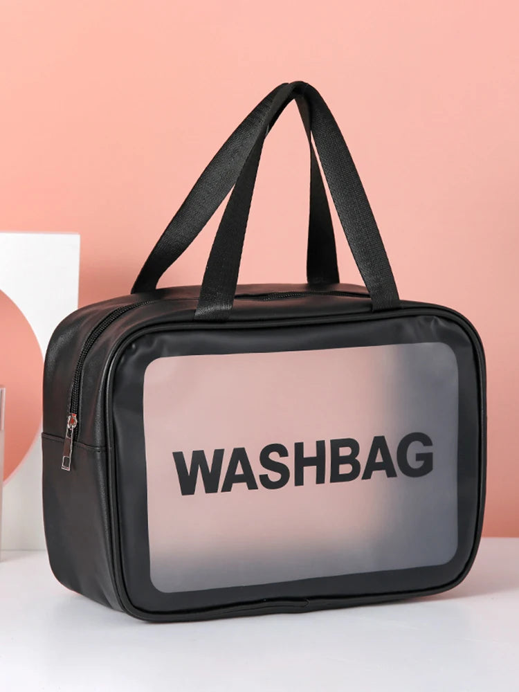 Bolsa transparente de três peças para maquiagem e produtos de higiene pessoal, bolsa de armazenamento portátil fosca semitransparente de pvc de grande capacidade