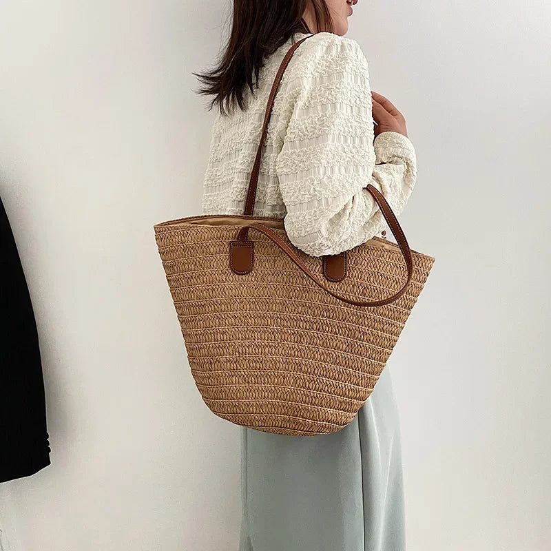 Bolsa de ombro feminina grande capacidade verão palha tecido cesta bolsa moda feminina designer luxo saco praia bali shopper tote