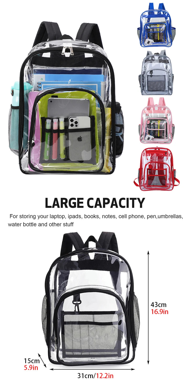 Bolsa de ombro transparente unissex moda simples grande capacidade mochilas portáteis multifuncional à prova dwaterproof água masculino feminino mochila