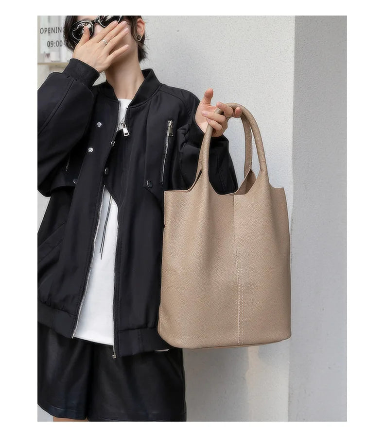 Couro genuíno commuter sacola simples senhoras macio tote bolsa de ombro grande capacidade bolsa balde feminina 2025 novo