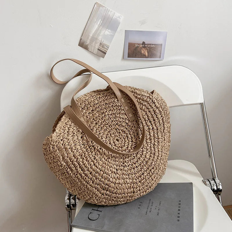 Sacos de palha redondos de verão para mulheres rattan bolsa de ombro viagem artesanal tecido praia bolsas femininas grande capacidade totes saco