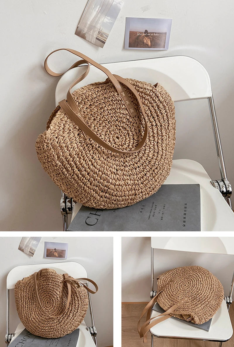 Sacos de palha redondos de verão para mulheres rattan bolsa de ombro viagem artesanal tecido praia bolsas femininas grande capacidade totes saco