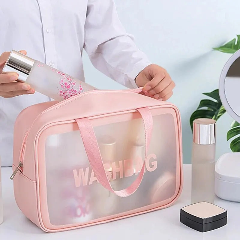 Bolsa transparente de três peças para maquiagem e produtos de higiene pessoal, bolsa de armazenamento portátil fosca semitransparente de pvc de grande capacidade