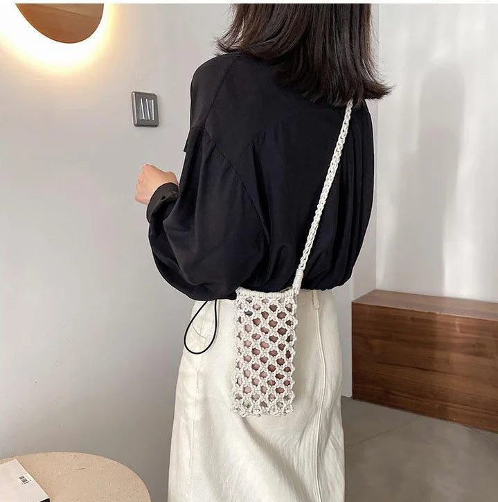 Moda feminina pequena crossbody saco de telefone cor sólida oco-para fora tecido crochê leve trançado bolsa de ombro crossbody sacos