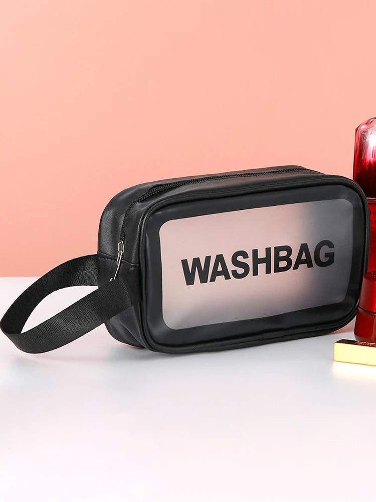 Bolsa transparente de três peças para maquiagem e produtos de higiene pessoal, bolsa de armazenamento portátil fosca semitransparente de pvc de grande capacidade