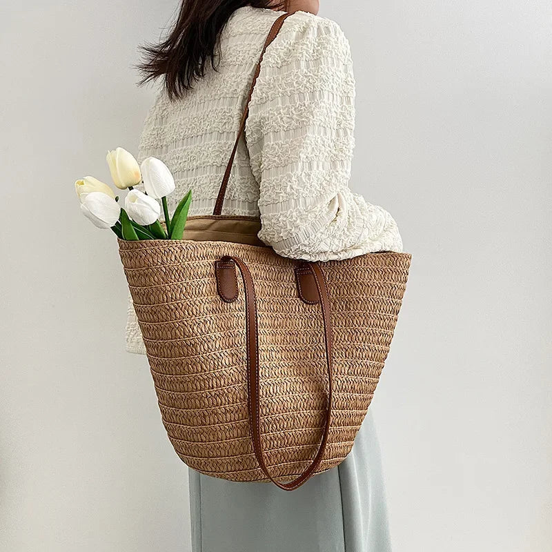 Bolsa de ombro feminina grande capacidade verão palha tecido cesta bolsa moda feminina designer luxo saco praia bali shopper tote