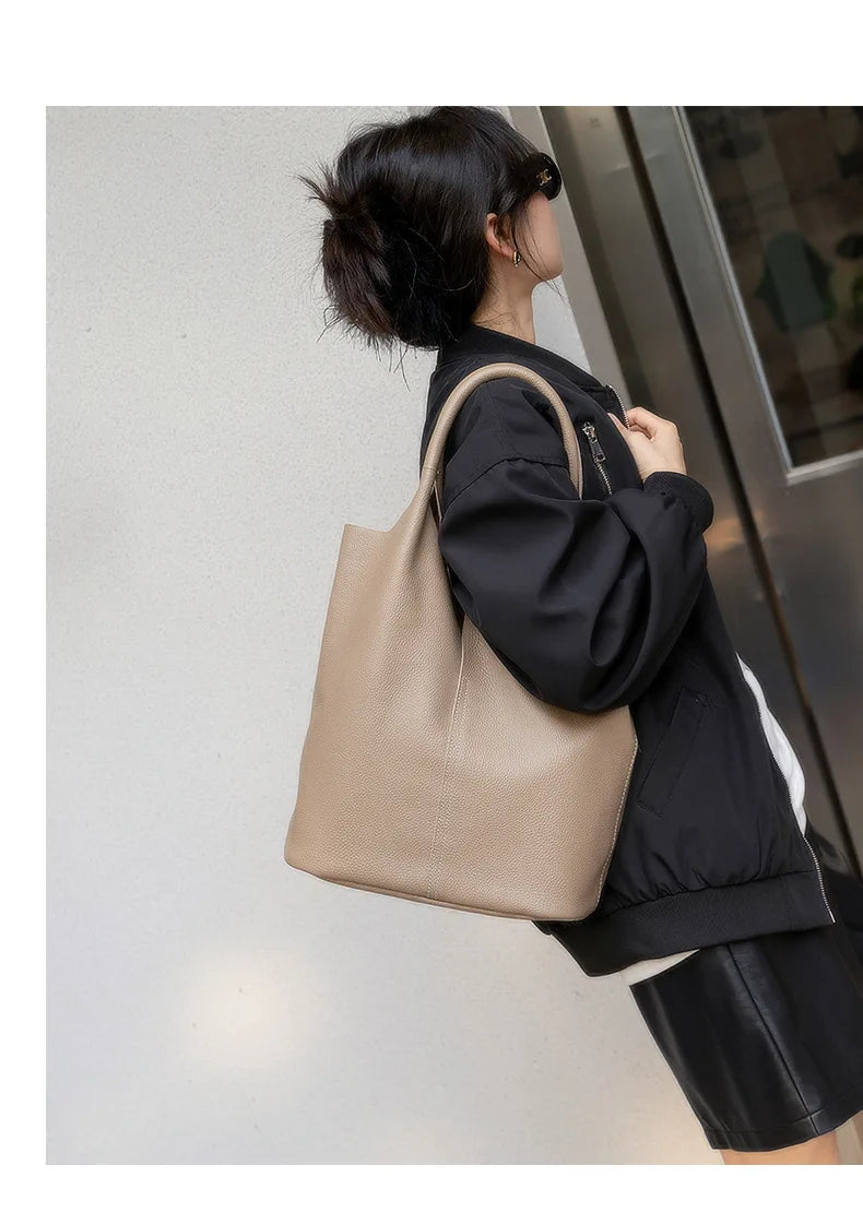 Couro genuíno commuter sacola simples senhoras macio tote bolsa de ombro grande capacidade bolsa balde feminina 2025 novo
