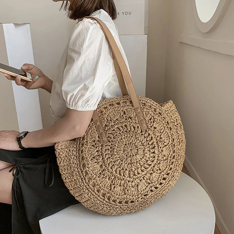 Sacos de palha redondos de verão para mulheres rattan bolsa de ombro viagem artesanal tecido praia bolsas femininas grande capacidade totes saco
