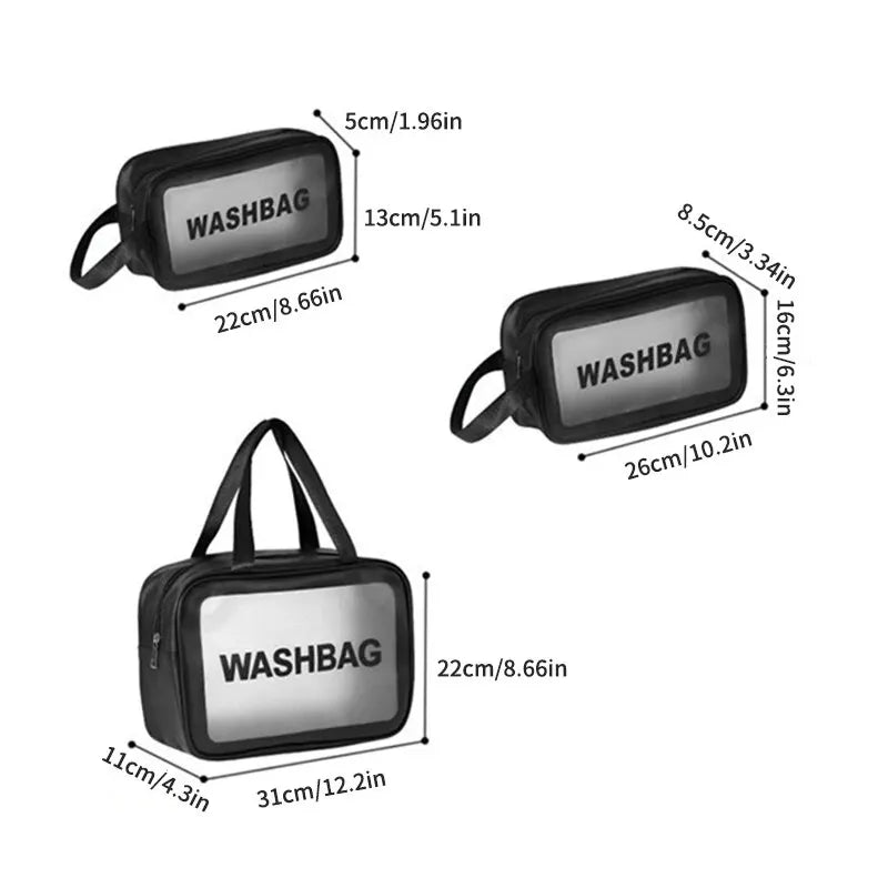 Bolsa transparente de três peças para maquiagem e produtos de higiene pessoal, bolsa de armazenamento portátil fosca semitransparente de pvc de grande capacidade