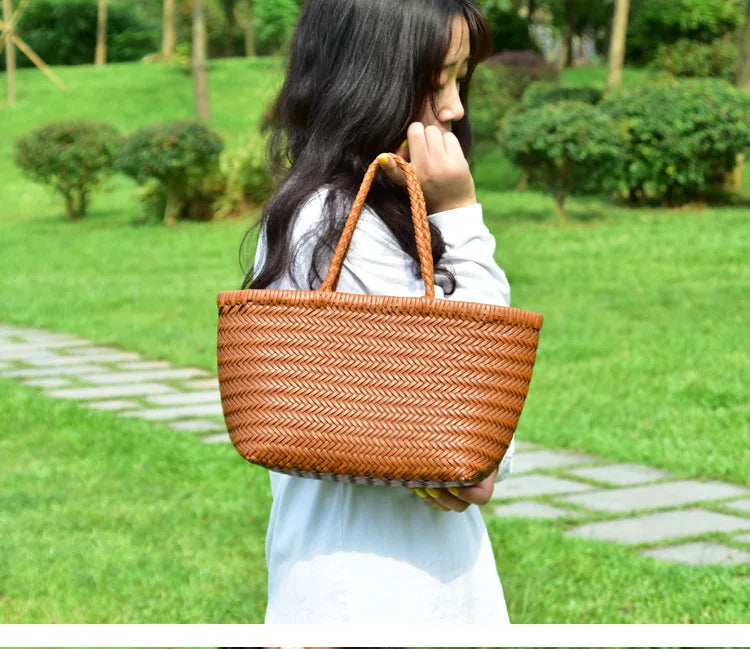 Bolsas femininas de couro genuíno bolsa de ombro tecelagem casual saco de compras vintage grande tote bolsa de mão cruz senhora