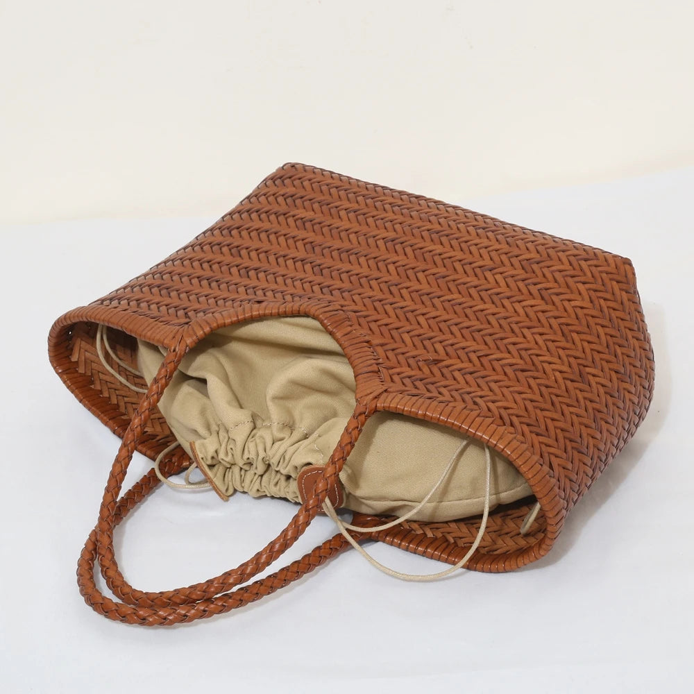 Bolsas femininas de couro genuíno bolsa de ombro tecelagem casual saco de compras vintage grande tote bolsa de mão cruz senhora