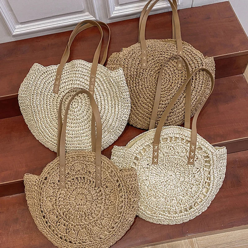 Verão redondo palha feminina férias tecido praia bolsa de ombro grande capacidade oco para fora simples sacola