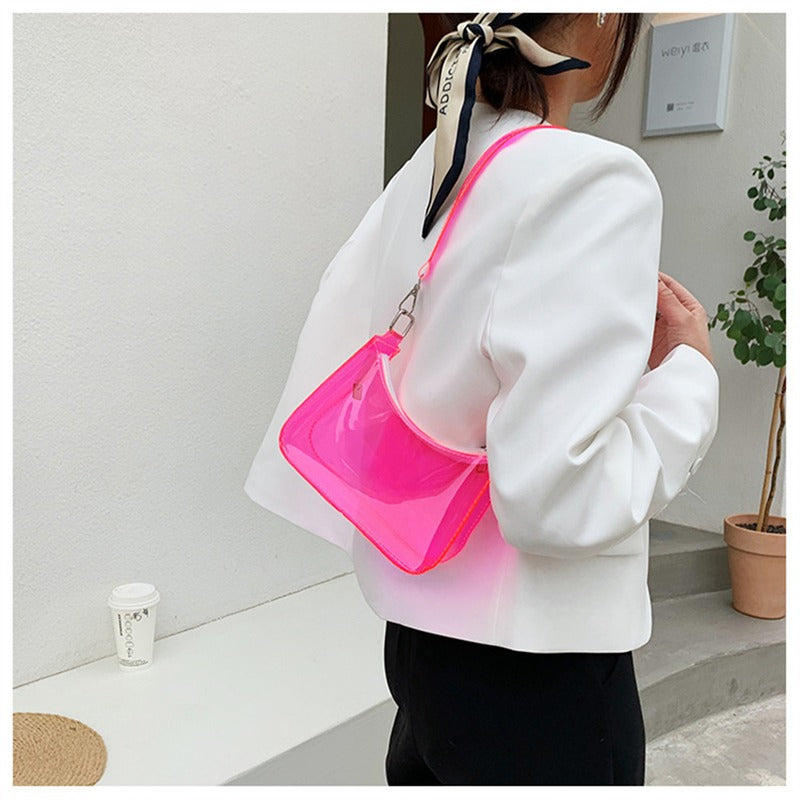 Bolsa de ombro de gelatina transparente para mulheres, bolsas pequenas com zíper nas axilas Y2K e bolsa da moda