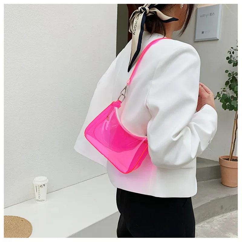 Bolsa de ombro de gelatina transparente para mulheres, bolsas pequenas com zíper nas axilas Y2K e bolsa da moda