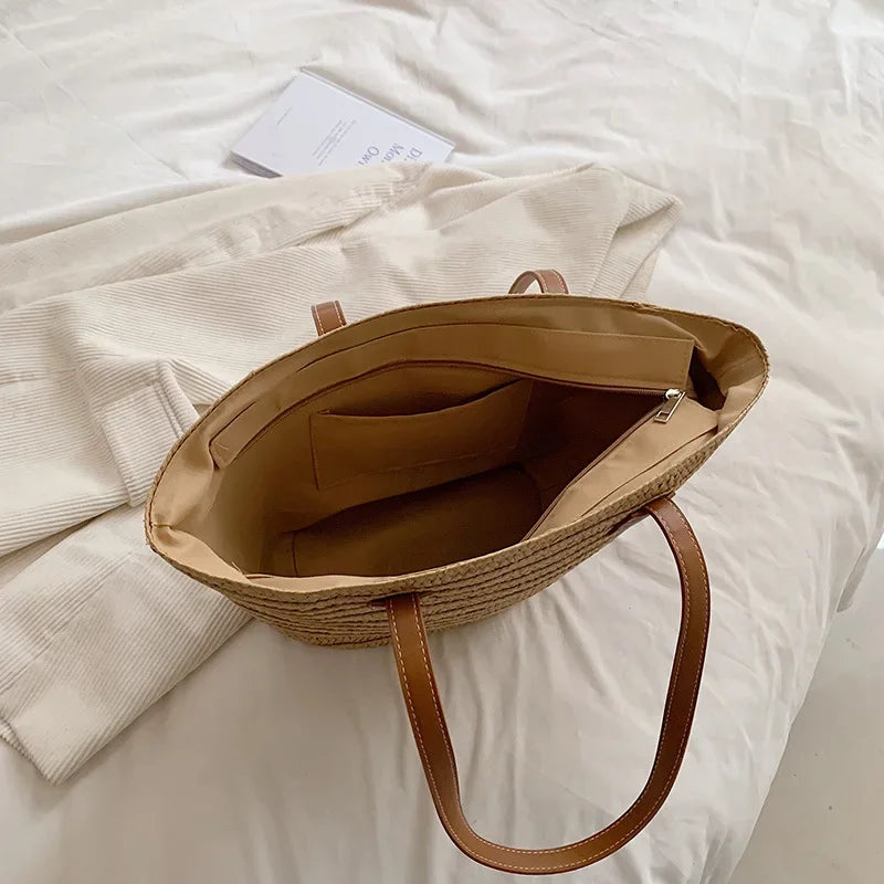 Bolsa de ombro feminina grande capacidade verão palha tecido cesta bolsa moda feminina designer luxo saco praia bali shopper tote