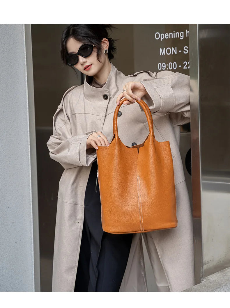 Couro genuíno commuter sacola simples senhoras macio tote bolsa de ombro grande capacidade bolsa balde feminina 2025 novo