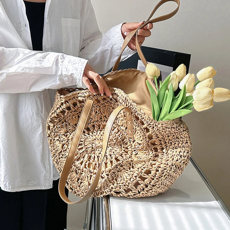 Verão redondo palha feminina férias tecido praia bolsa de ombro grande capacidade oco para fora simples sacola