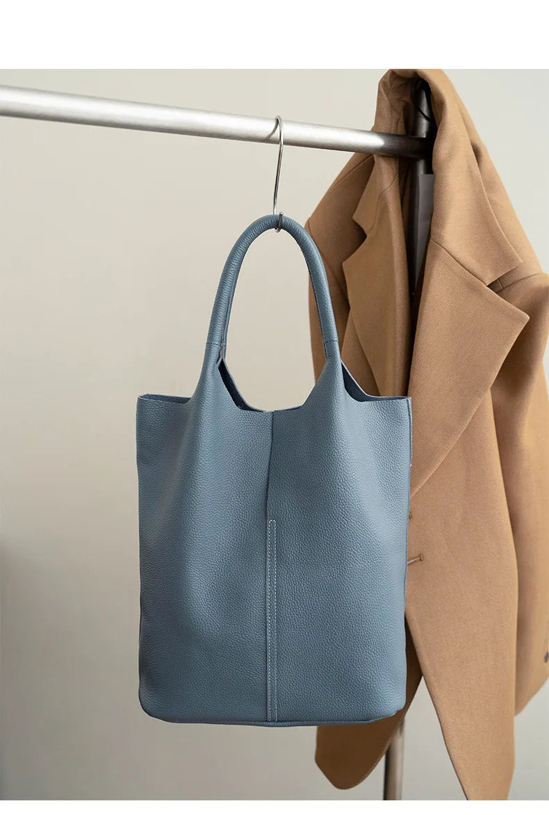 Couro genuíno commuter sacola simples senhoras macio tote bolsa de ombro grande capacidade bolsa balde feminina 2025 novo