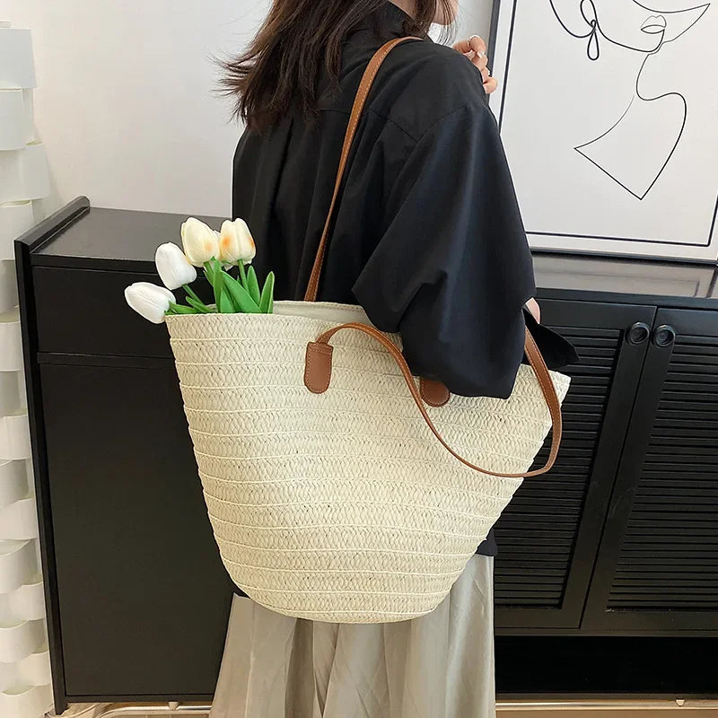 Bolsa de ombro feminina grande capacidade verão palha tecido cesta bolsa moda feminina designer luxo saco praia bali shopper tote